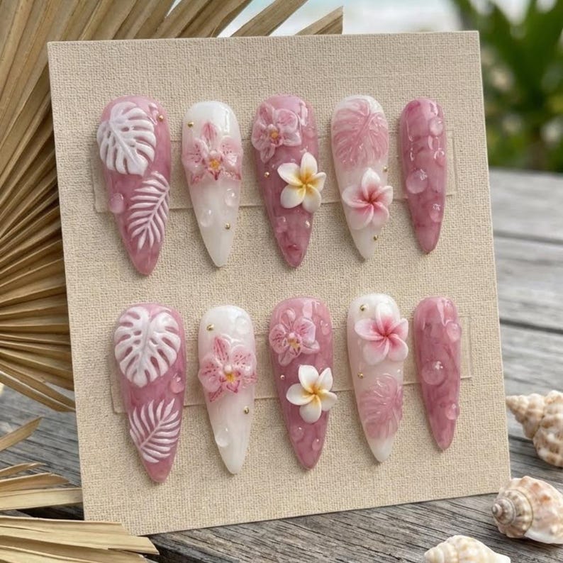 Luxury Tropical Bloom Waterdrop 3D Press On Nails