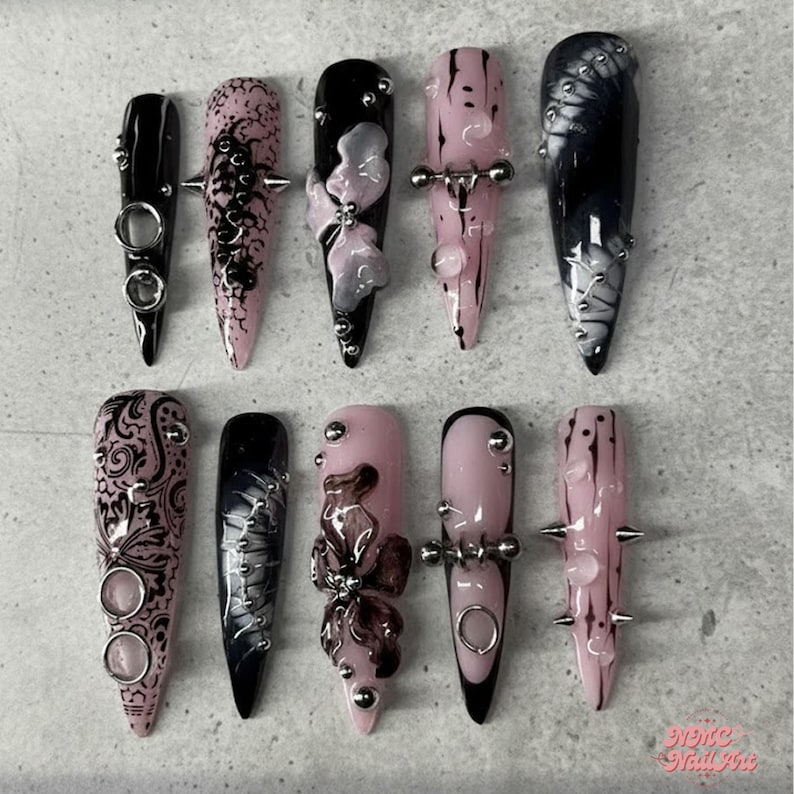 Pink Black Gothic Bow Press On Nails