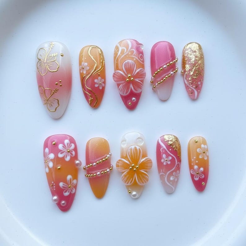 Sunset Glow Hibiscus Ombre 3D Press On Nails