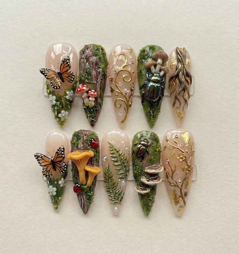 Enchanted Forest Mushroom Butterfly Fairycore Press On Nails