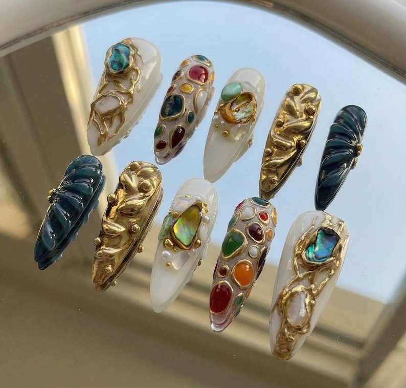 Luxury Gold Mosaic Stone 3D Bohemian Stiletto Press On Nails