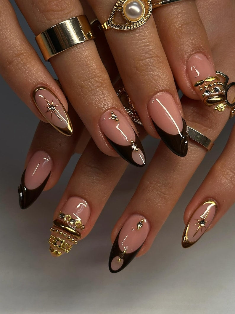 Elegant Black Gold French Press On Nails