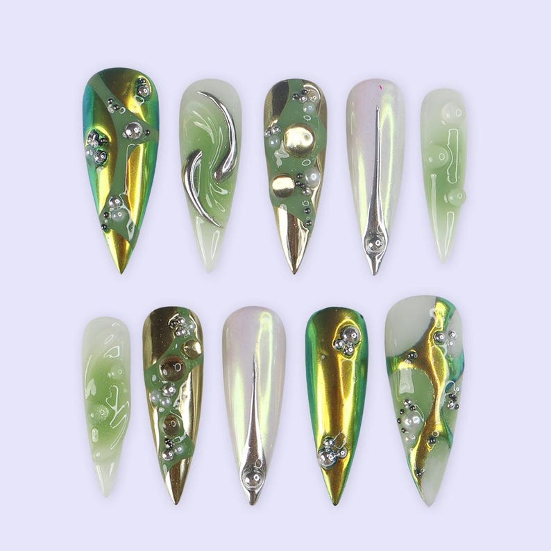 Green Chrome Abstract Metallic Long Stiletto Press On Nails