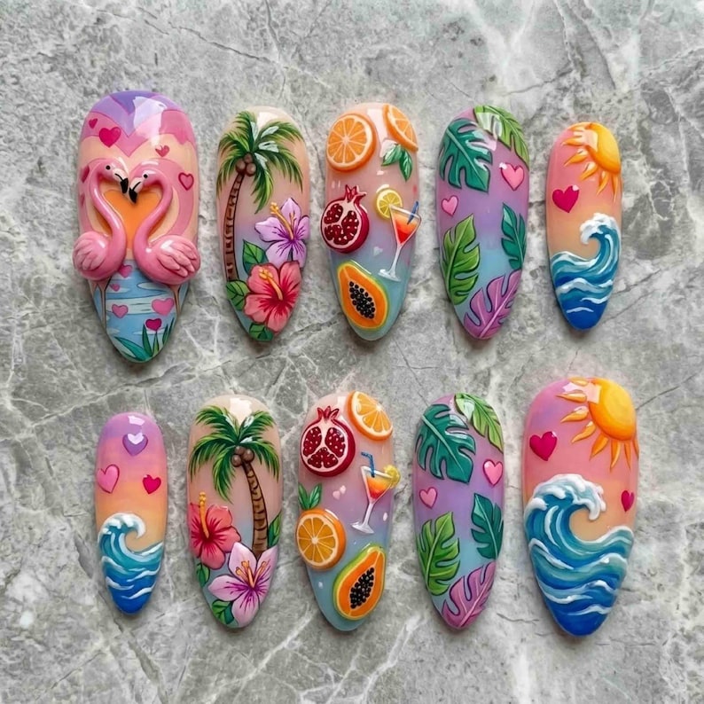 Playful Sunset Ombre Tropical 3D Press On Nails
