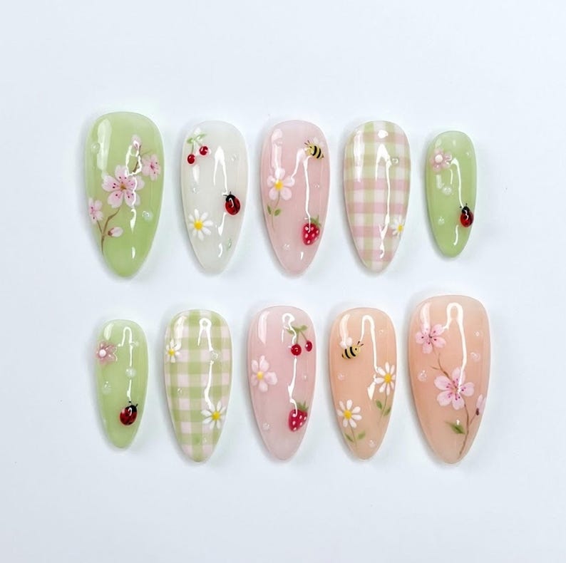 Pastel Spring Garden Floral Bee Gingham Press On Nails
