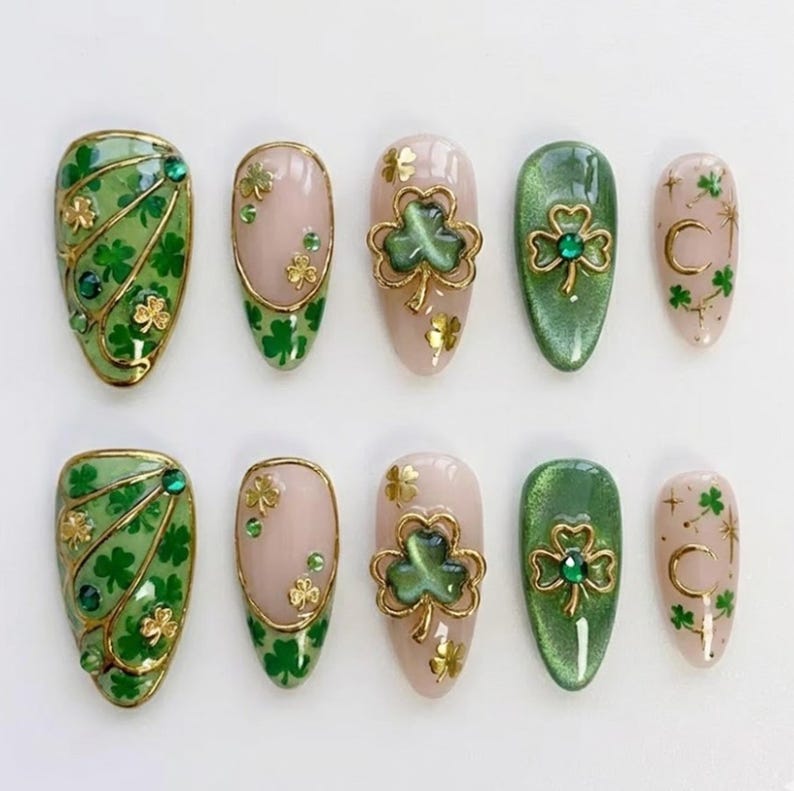 3D Gold Wire Shamrock, Crescent Moon & Stars, Emerald Gems