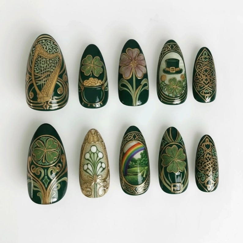 Green Shimmer & Metallic Gold Festive Press On Nails