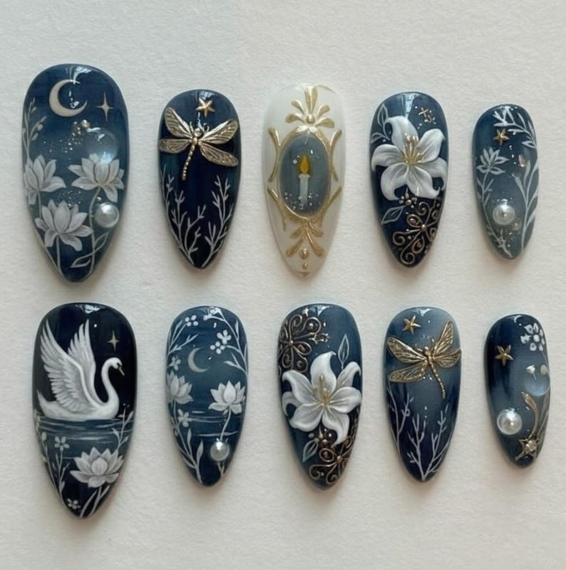 Ethereal Celestial Floral Elegant Press On Nails