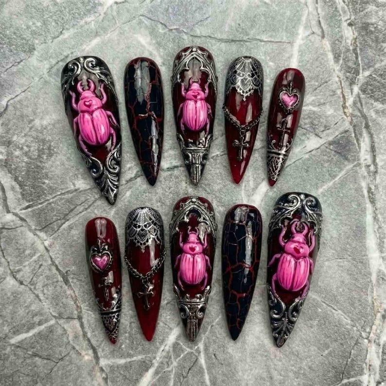 Gothic Burgundy Scarab Beetle Dark Ornate Press On Nails