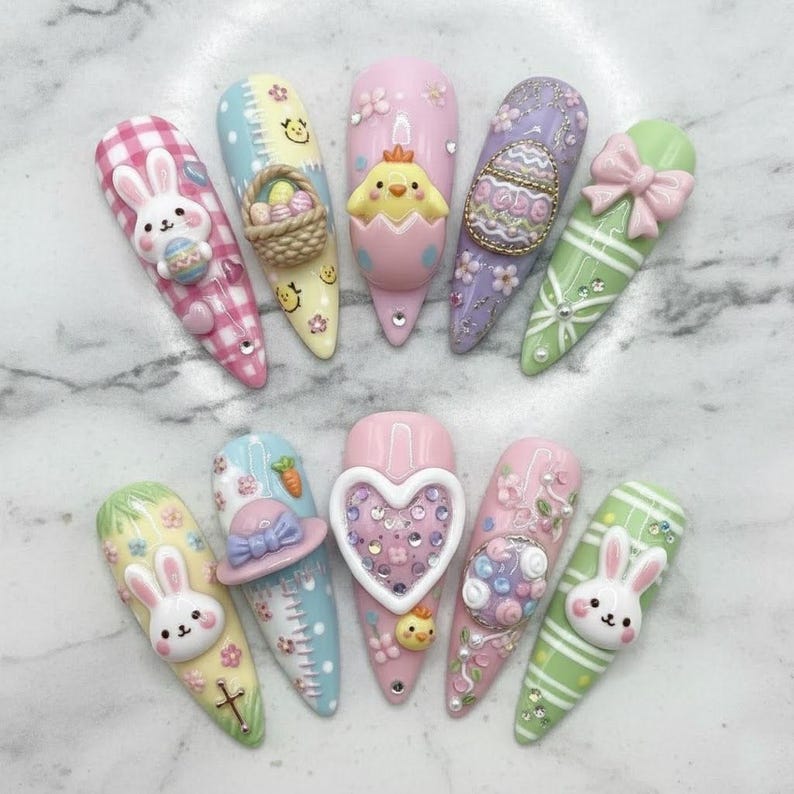 3D Bunny Chick Picnic Basket Easter Press On Nails