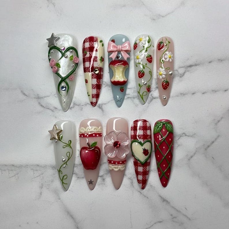 Spring Fruit Garden Apple Strawberry Whimsical Press On Nails