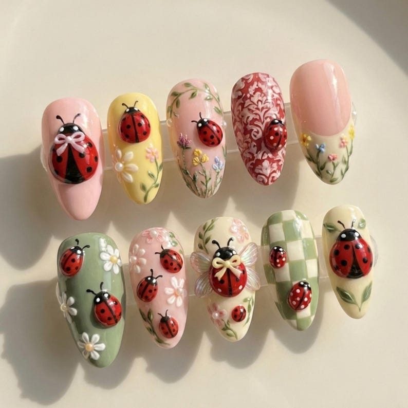 Pastel Ladybug Cottagecore Floral Spring Press On Nails