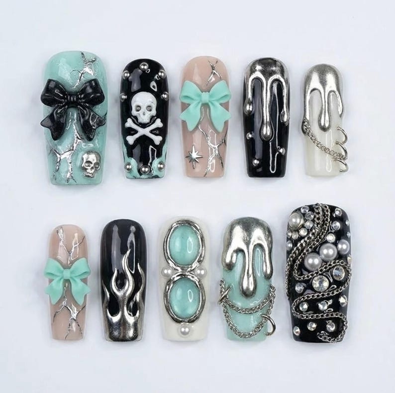 Dark Coquette Chrome Drip Skull Long Square Press On Nails