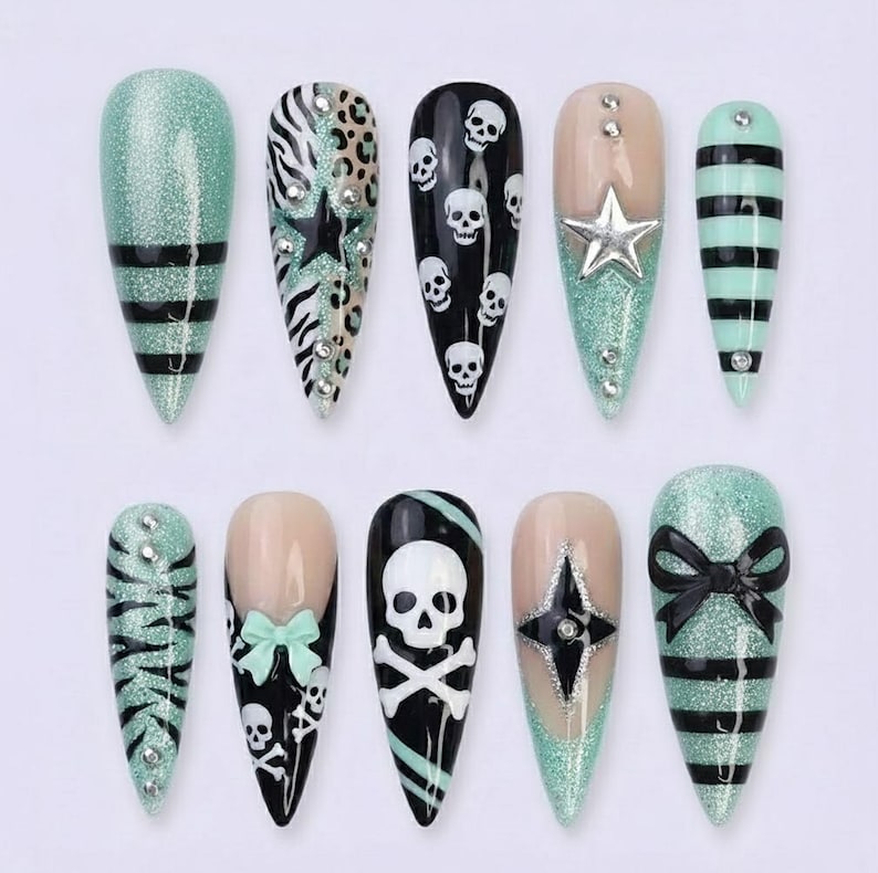 Mint Green Punk Glitter Skull Star Stiletto Press On Nails