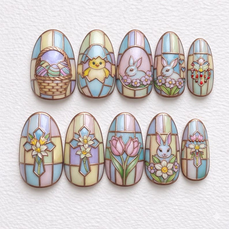 Pastel Easter Stained Glass Bunny Chick Press On Nails