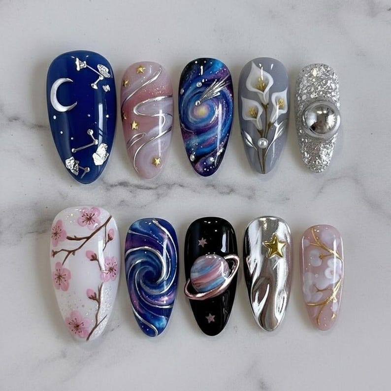 Celestial Galaxy Moon Star Cosmic Dream Press On Nails