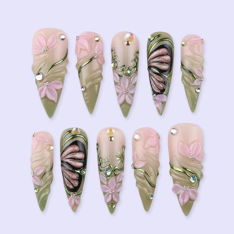 Green Swirl Floral Butterfly Stiletto Press On Nails