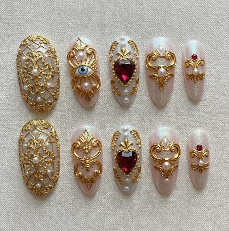 Luxury Baroque Ruby Gold Ornate Press On Nails