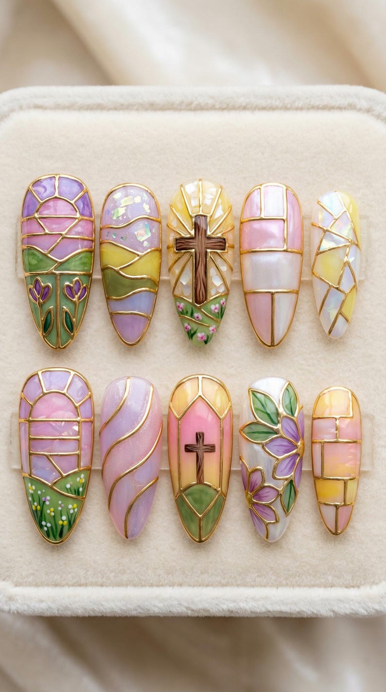 Stained Glass Cross Pastel Floral Press On Nails