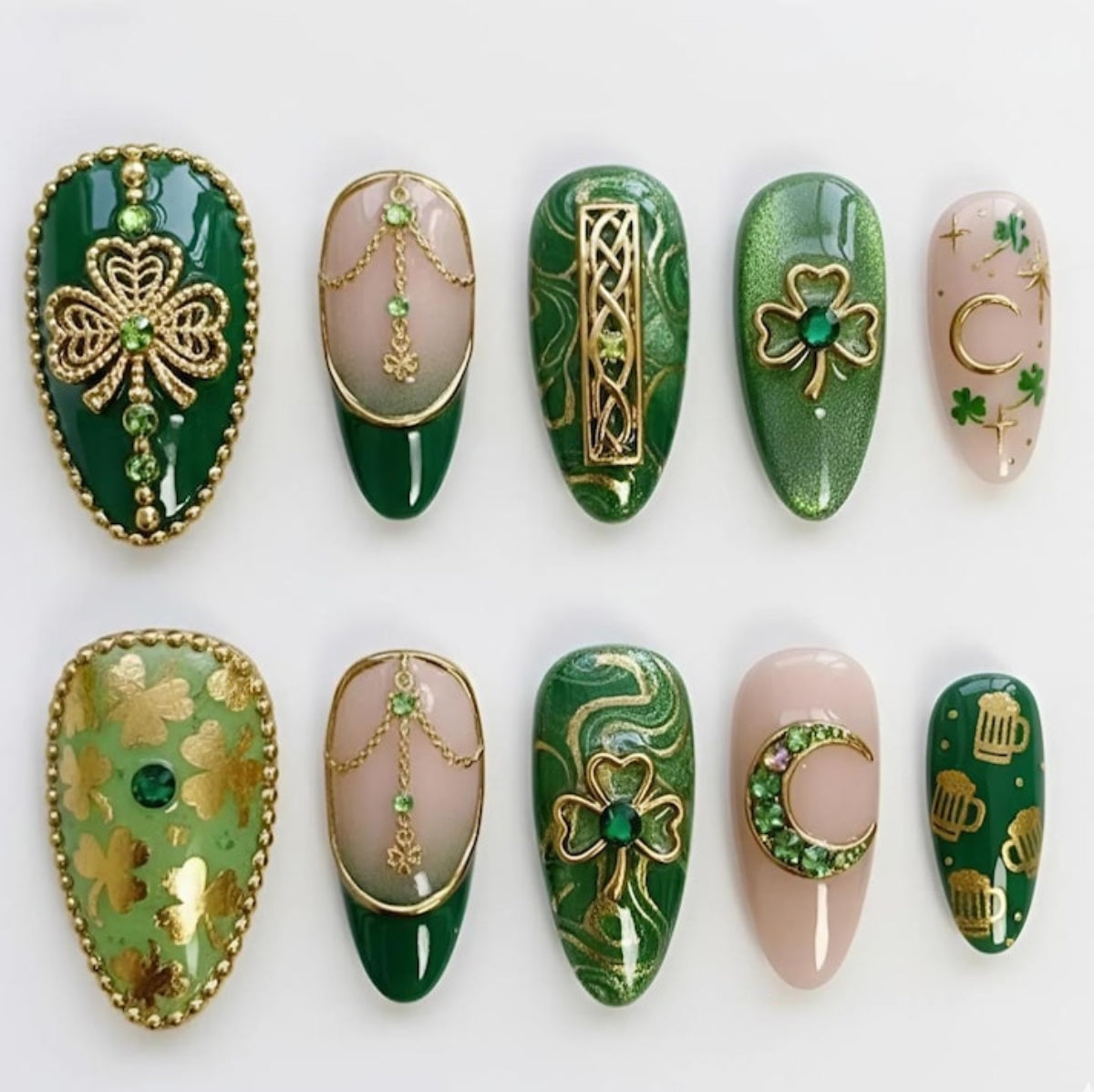 Handmade St. Patrick's Day 3D Gold Wire Shamrock, Crescent Moon & Stars, Emerald Gems