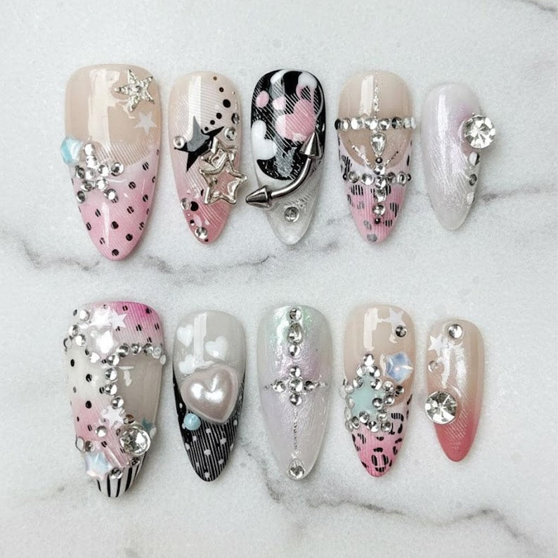 Pink Black Gyaru Y2K Contrast Glam Press On Nails