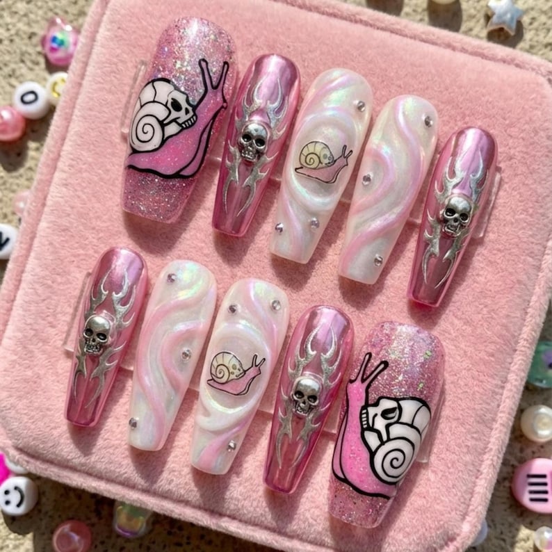Pink Chrome Coquette Skull Charm Stiletto Press On Nails
