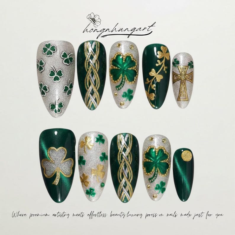 Green Luck & Gold Accent Festive Press On Nails
