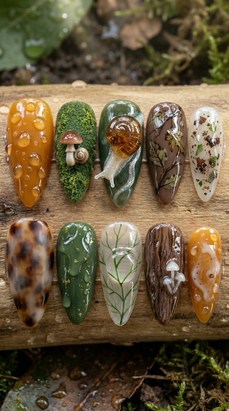 Whimsical Forest Moss Snail 3D Press On Nails
