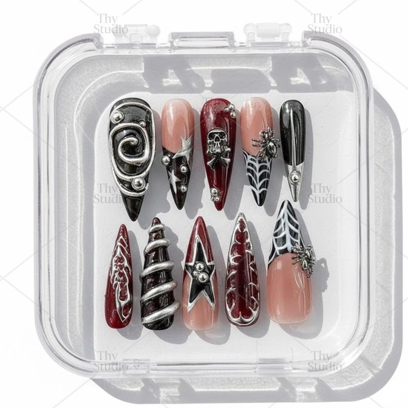 Dark Gothic Spider Skull Silver Detail Press On Nails