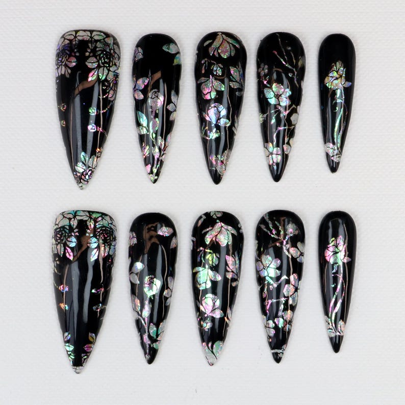 Black Iridescent Opal Floral Dark Romantic Press On Nails