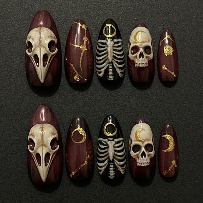 Dark Horror Moon Skull 3D Stiletto Press On Nails