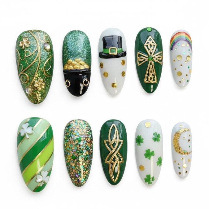 Emerald Green Gold Leaf Clover Luxury Press On Nails