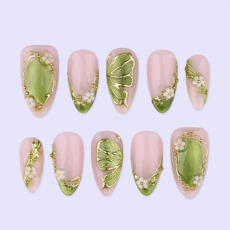 Spring Green Press On with Floral & Butterfly | Gold Fake Nails in Medium Almond | Handmade Nail Art for Everyday Wear Or Gift