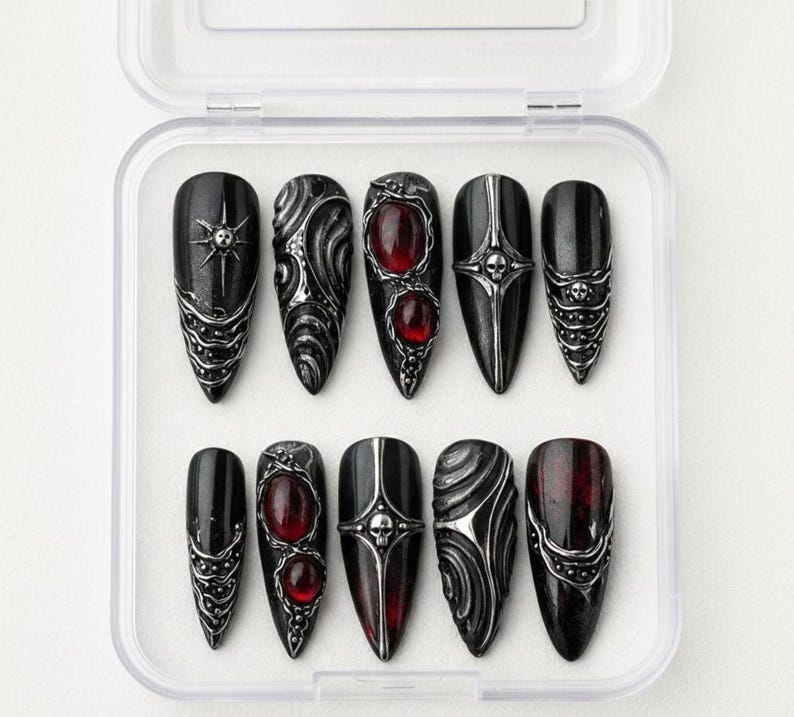 Dark Gothic Silver Ornate 3D Press On Nails