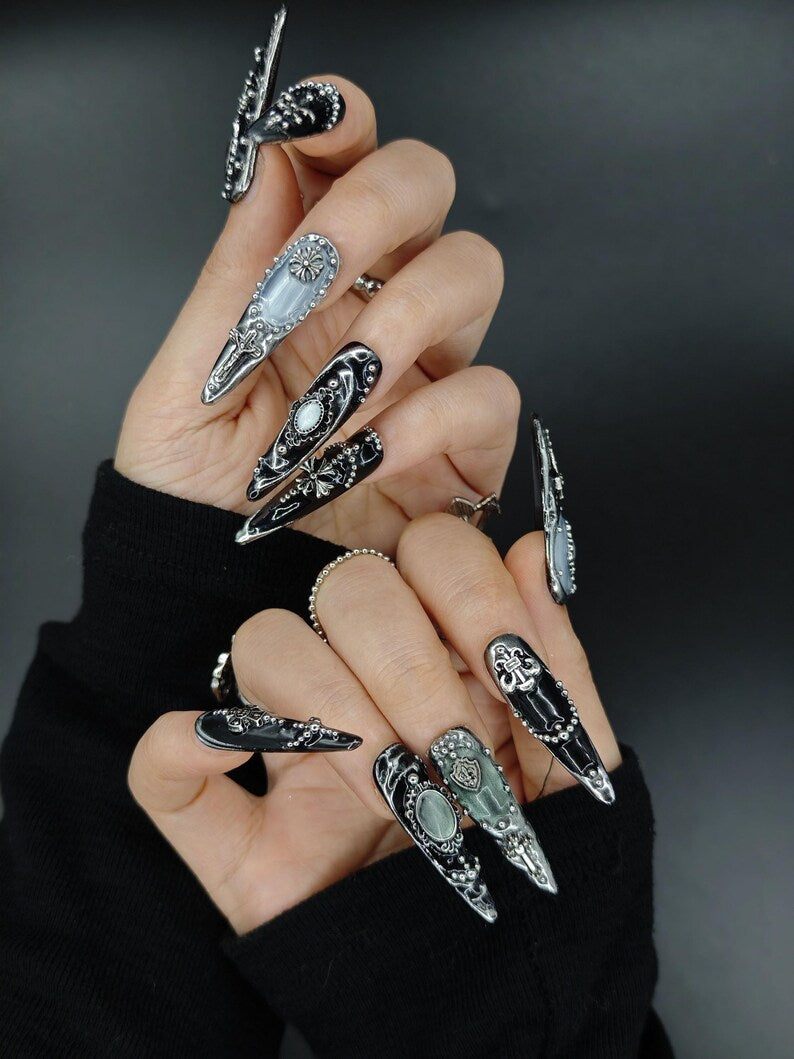 Gothic Silver Floral Metal Dark Grunge Press On Nails