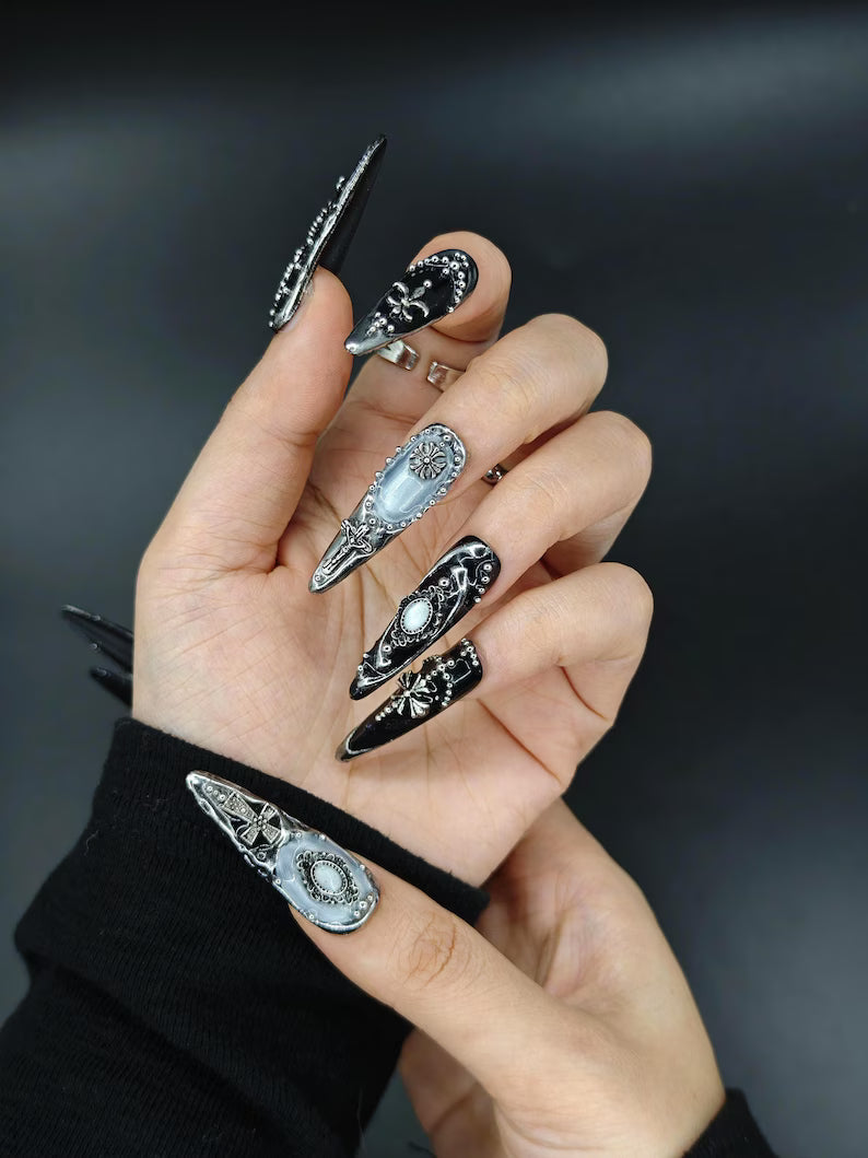 Gothic Silver Floral Metal Dark Grunge Press On Nails