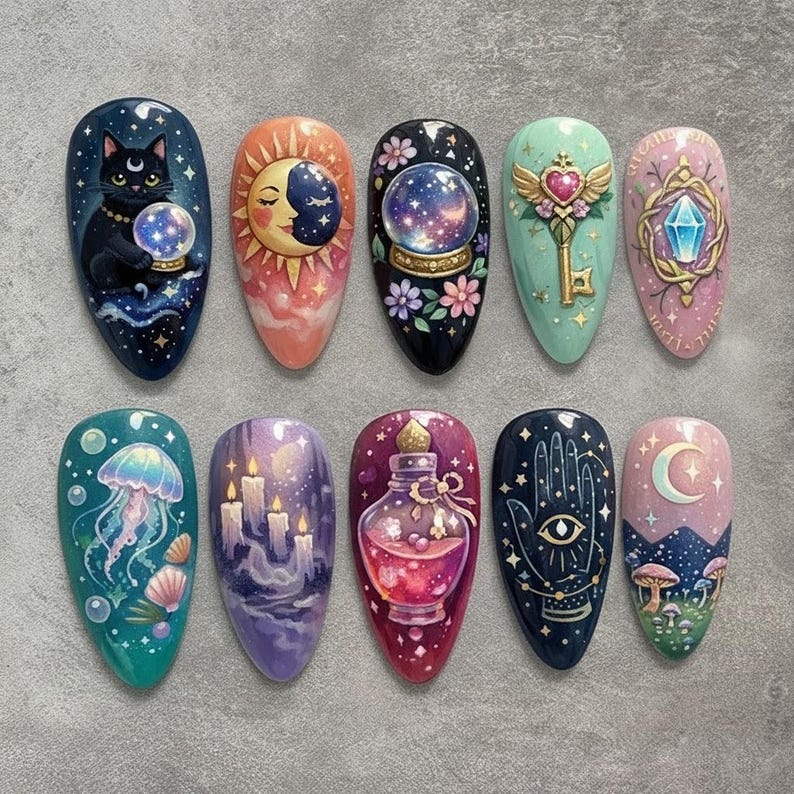 Mystic Moon Cat Celestial Gothic Press On Nails