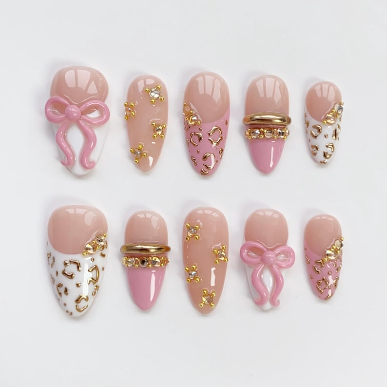 Pink Bow Gold Leopard Elegant Long Almond Press On Nails