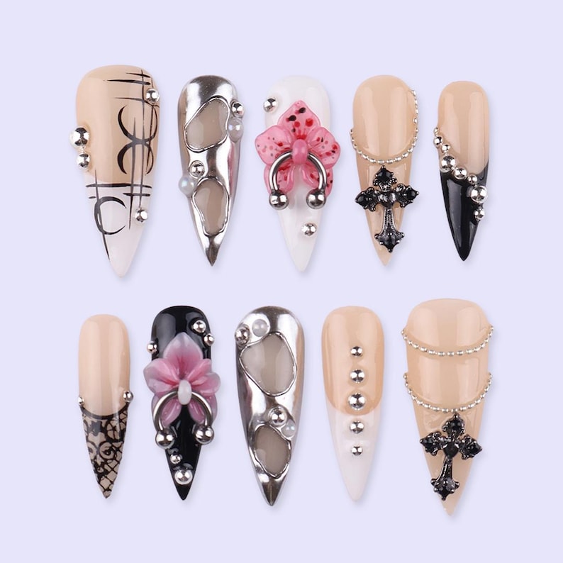 Gothic Cross Floral 3D Long Stiletto Press On Nails