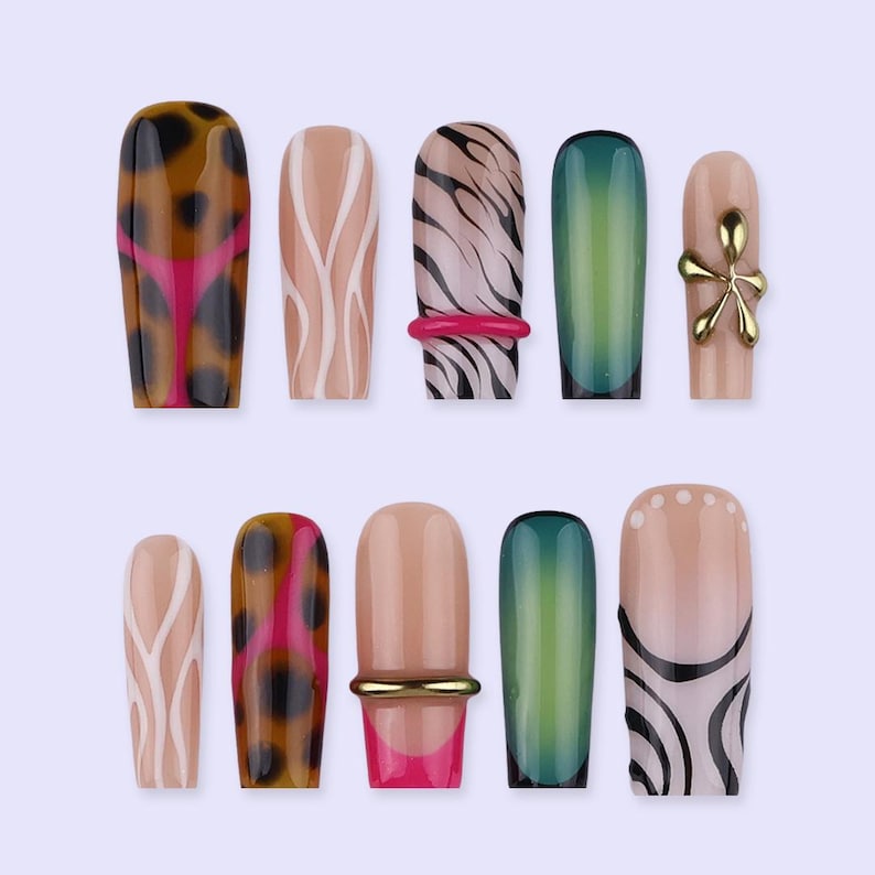 Green Ombre Leopard Gold Accent Long Square Press On Nails