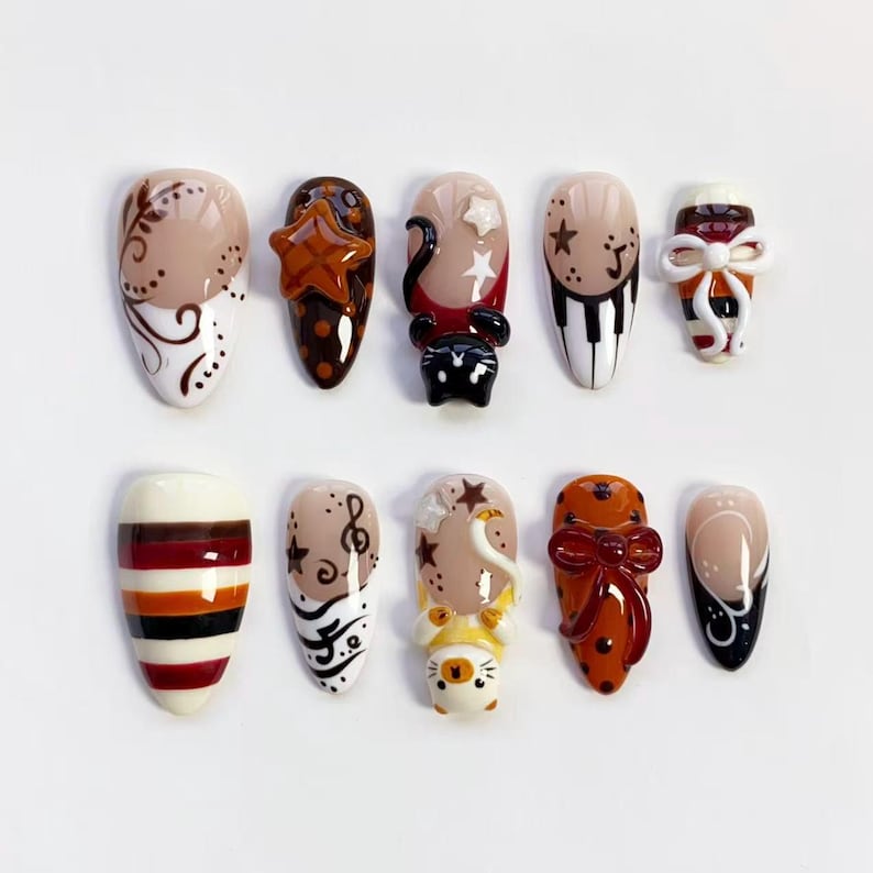 3D Kawaii Cat Bow Polka Dot Star Press On Nails