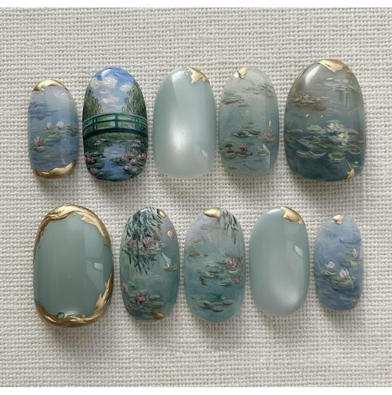 Soft Impressionist Water Garden Floral Press On Nails