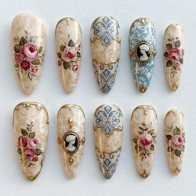 Antique Rose Cameo Porcelain Vintage Press On Nails