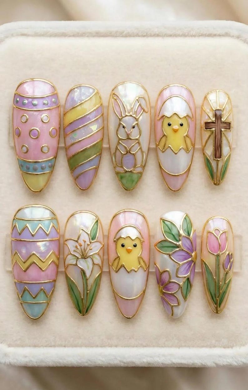 Pastel Stained Glass Gold Chrome Mosaic Press On Nails