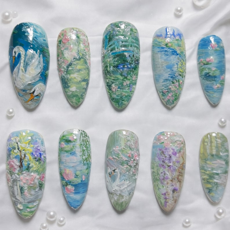 Impressionist Floral Water Garden Artistic Press On Nails