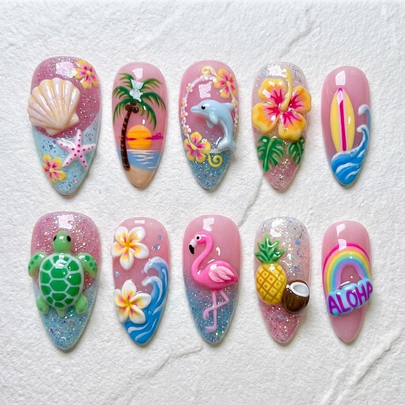 Playful Tropical Beach 3D Press On Nails