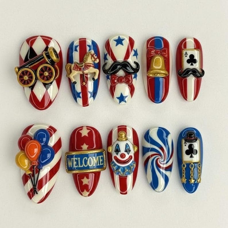 Retro Carnival Star Poker 3D Statement Press On Nails