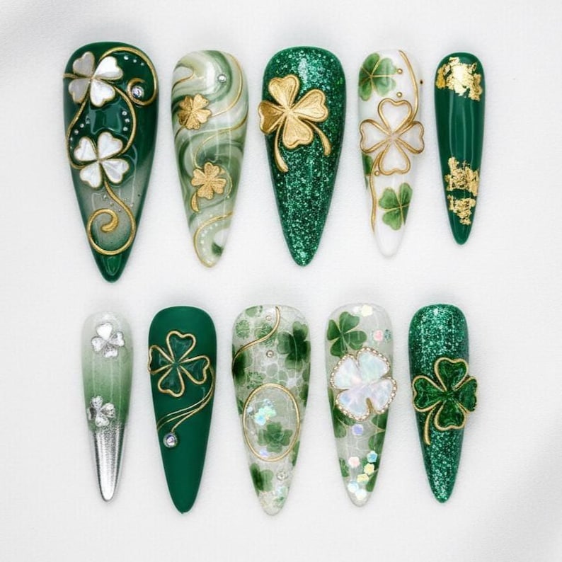 Emerald Green & Gold Lucky Clover Press On Nails