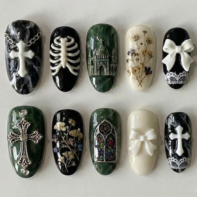 Dark Green Black Ivory Cross Gothic Almond Press On Nails