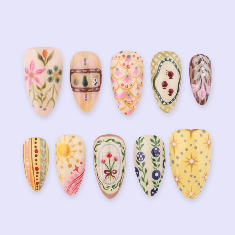 Folk Garden Hand-Painted Floral Press On Nails